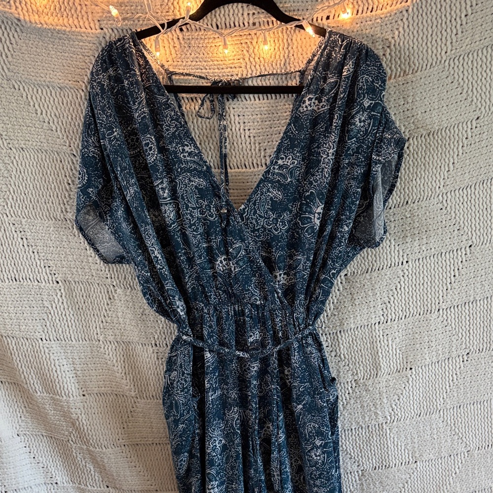 Free People Blue Paisley V-Neck Jumpsuit